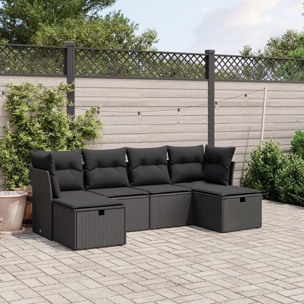 vidaXL 6-teilig Garten-Sofagarnitur mit Kissen Schwarz Poly Rattan, 3263231