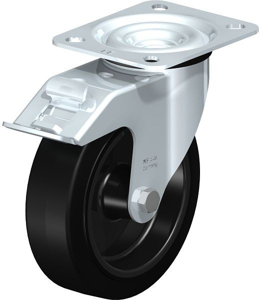 Blickle LE-POEV 125G-FI Stahlblech-Lenkrolle mit Anschraubplatte & Feststeller, Elastik-Vollgummi, Schwarz, 761537