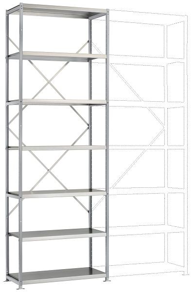 Manuflex Mittelschweres Fachboden-Steck-Grundregal mit 7 Stahlböden, HxBxT = 3000 x 1030 x 300 mm, alusilber, RP1617.9006