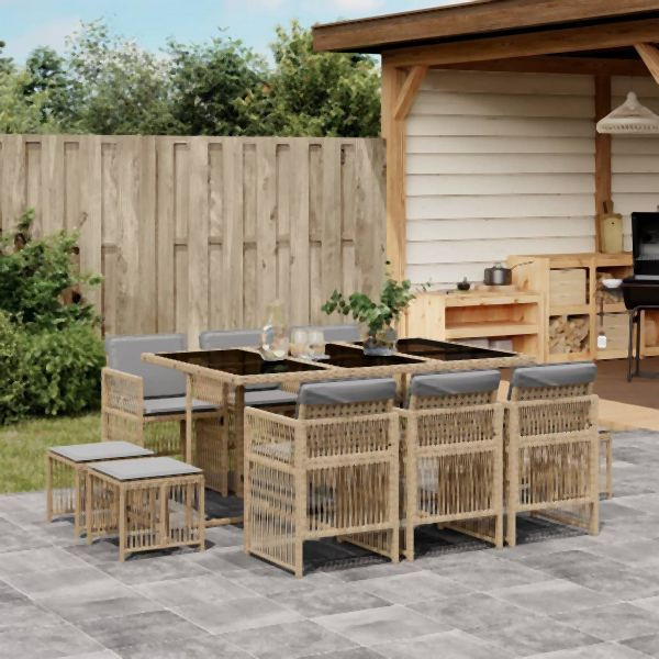 vidaXL 11-tlg. Garten-Essgruppe mit Kissen Beigemischung Poly Rattan, 3210972