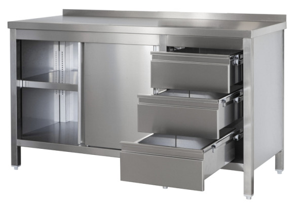 A&S Gastro Edelstahl Arbeitsschrank mit Aufkantung, Schubladenblock rechts, Türen, Zwischenboden, Tiefe 600mm, AISI 304, 900 x 600 x 850 mm, ARSASBR096