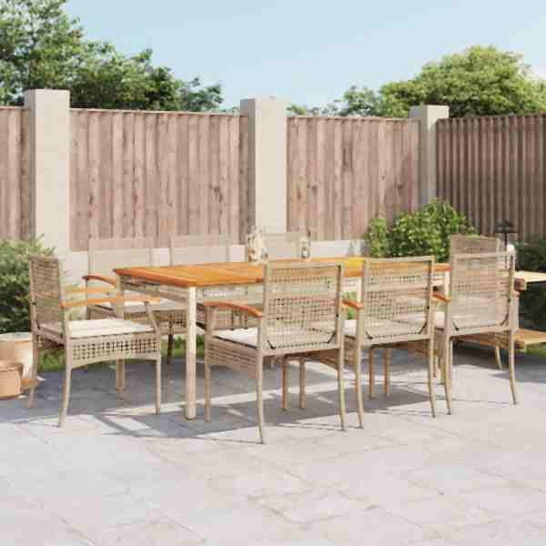 vidaXL 9-tlg. Garten-Essgruppe mit Kissen Beige Poly Rattan, UV-beständig, 3213583