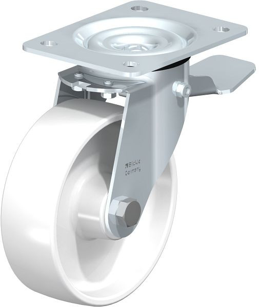 Blickle LE-PO 150R-ST Stahlblech-Lenkrolle mit Anschraubplatte & Feststeller, Polyamid, Weiß, 315408