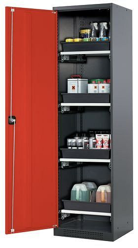 asecos Chemikalienschrank Systema-T CS-54L, Korpus anthrazit, Flügeltüren rot, 4 Tablarauszüge, 208882