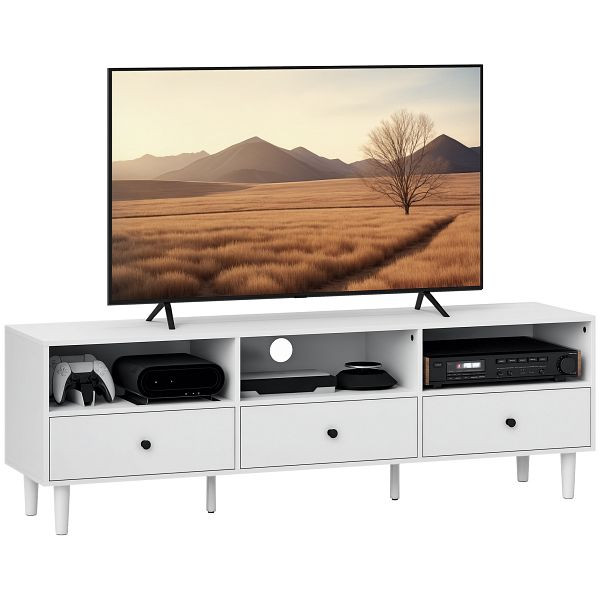 HOMCOM TV-Kommode, TV-Ständer für 75-Zoll-Bildschirme, 3 offene Fächer, 3 Schubladen, Spanplatte, Weiß, 83B-281V90WT