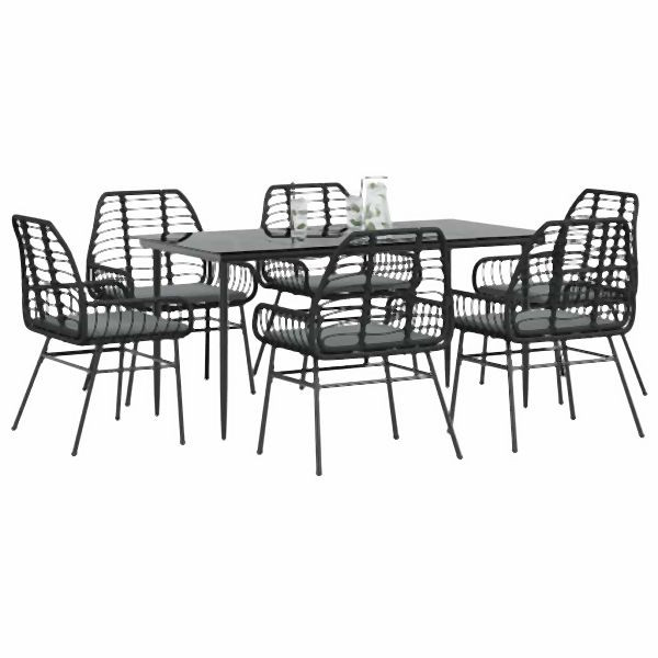 vidaXL 7-teilig Garten-Essgruppe mit Kissen Schwarz Poly Rattan Glas, 3334454