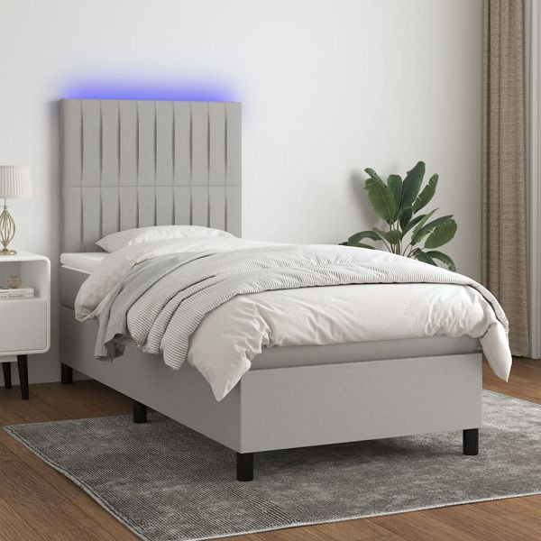 vidaXL Boxspringbett mit Matratze & LED Hellgrau 90x190 cm Stoff, 3134997