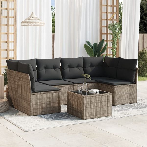 vidaXL 7-teilig Garten-Sofagarnitur mit Kissen Grau Poly Rattan, 3217400