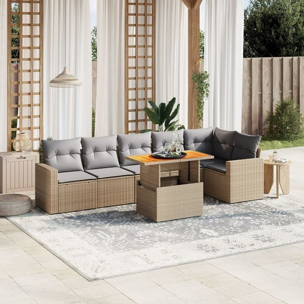 vidaXL 7-teilig Garten-Sofagarnitur mit Kissen Beige Poly Rattan, 3271325
