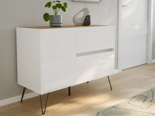 Posseik Sideboard Industrial S 100cm 2 Schubladen 1 Tür Weiß/Eiche Top, PN2081X0000059DE