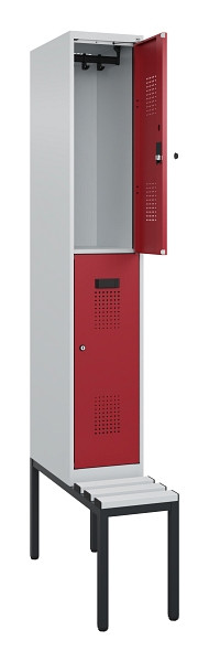 C+P Doppelstock-Spind Evolo PLUS, Bank, 2 Fächer, 2120x300x815mm, 7035/3003, Zylinderschloss, Sitzfläche Kunststoff, Sitzbank, 0493507-10 S10112