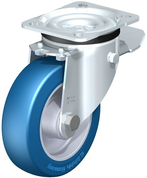 Blickle LK-ALBS 125K-1-ST Stahlblech-Lenkrolle, schwere Ausführung, mit Anschraubplatte & Feststeller, Blickle Besthane® Soft, Blau, 743754