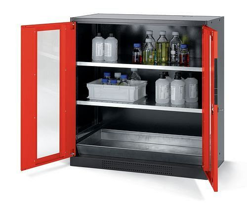 asecos Chemikalienschrank Systema CS-102G, Korpus anthrazit, rot, 2 Einlegeböden und Bodenwanne, 202672