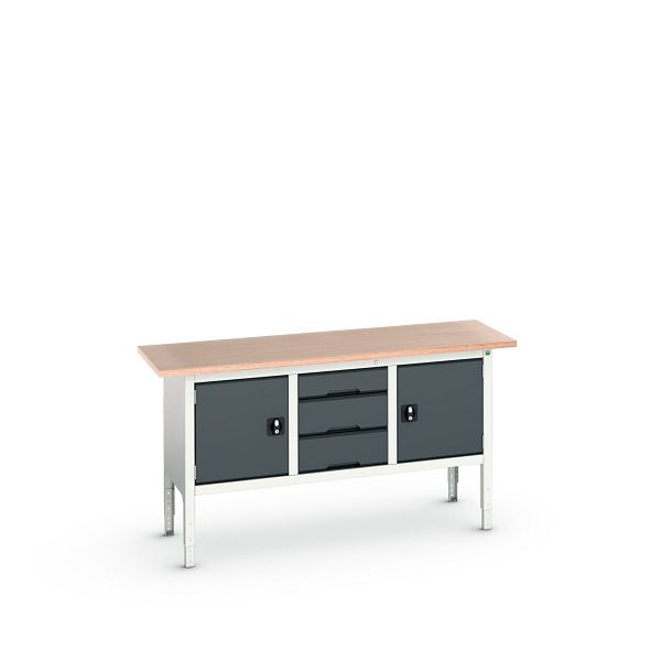 bott verso Kastenwerkbank (Multiplex-Platte) mit 3 Schubladen und 2 Türen, BxTxH: 1750 x 600 x 830 - 930 mm, Lichtgrau / Anthrazitgrau, 16923022.19