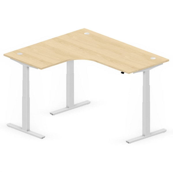 Deskin XXL Sitz-/ Stehschreibtisch Jumbo MULTI M, Buchedekor, T-Fuß-Stahlgestell in Alusilber RAL 9006, linksseitig geformt, 295097