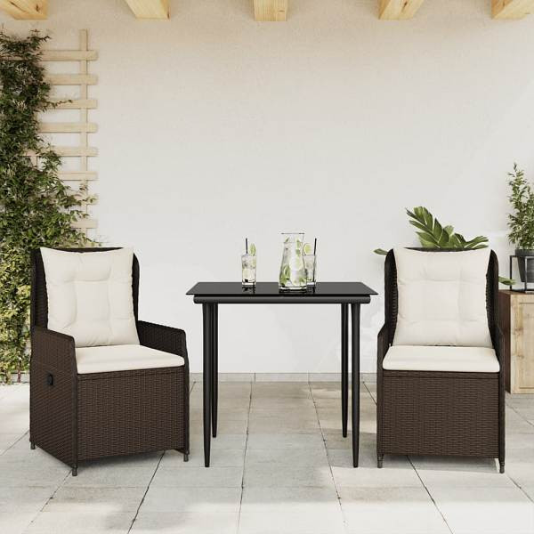 vidaXL 3-tlg. Garten-Essgruppe mit Kissen Braun Poly Rattan, UV-beständig, 3262840