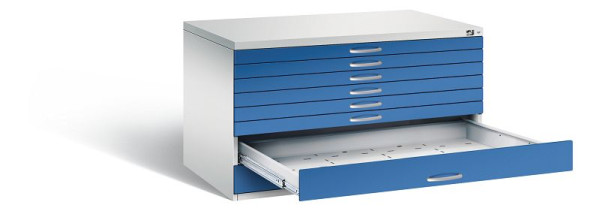 C+P Flachablageschrank Serie 7100_7200, H760xB1350xT960mm, Farbe: Lichtgrau / Enzianblau, Bügelgriff, 7201-200 S10177