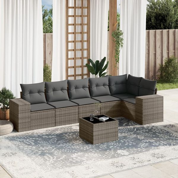 vidaXL 7-teilig Garten-Sofagarnitur mit Kissen Grau Poly Rattan, 3222599