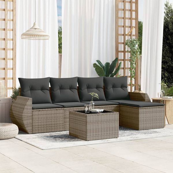 vidaXL 6-tlg. Garten-Sofagarnitur mit Kissen Grau Poly Rattan, 3221299