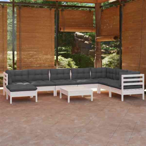 vidaXL 9-tlg. Garten-Lounge-Set mit Kissen Weiß Kiefer Massivholz, 3096666