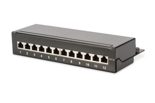 DIGITUS Desktop CAT 6A, Patch Panel, geschirmt Klasse EA, 12-port RJ45, 8P8C, LSA, schwarz, DN-91612SD-EA