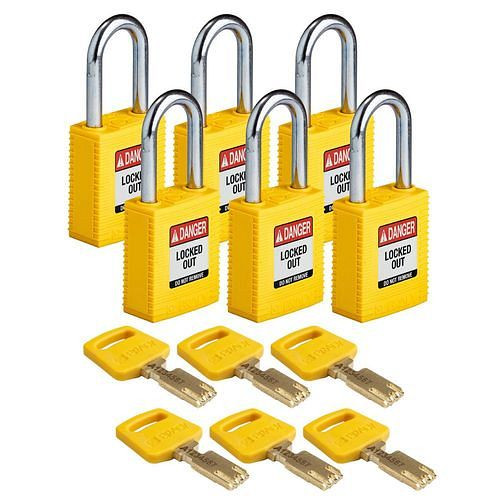 Brady Vorhängeschlösser SafeKey aus Nylon, funkenfreies Gehäuse, VE: 6 Stück, gelb, 309081