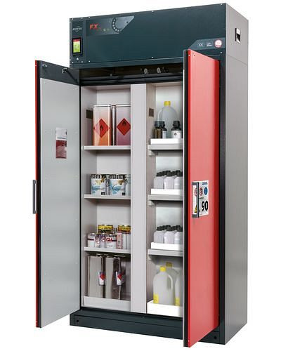 asecos Feuerbeständiger Umluft-Gefahrstoffschrank Custos, rot, 3 Einlegeböden, mit Trennwand, 248482