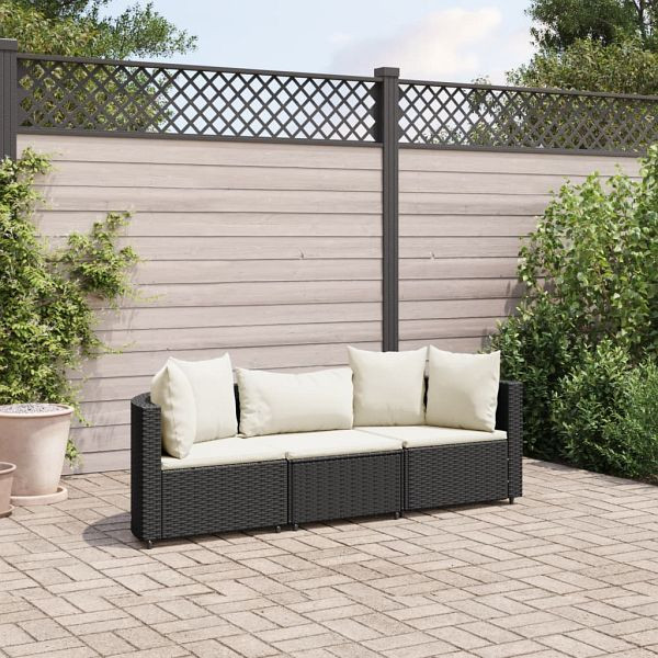 vidaXL 3-teilig Garten-Sofagarnitur mit Kissen Schwarz Poly Rattan, 3308448