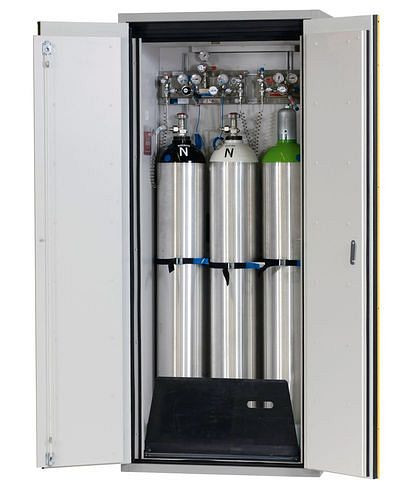 asecos Gasflaschenschrank feuerbeständig G90, 3 x 50 l Flaschen, B 900 mm, 2-flügelige Tür, grau/gelb, 165313