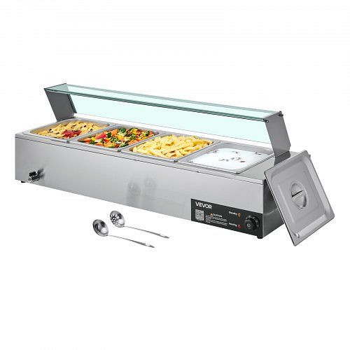 VEVOR Speisenwärmer, 4 x 1/2 Behälter, 1,5 kW Edelstahl mit Glasabdeckung & Suppenkelle, Chafing Dishes für Catering, SYSPBWQBLZK4RHM29002V2