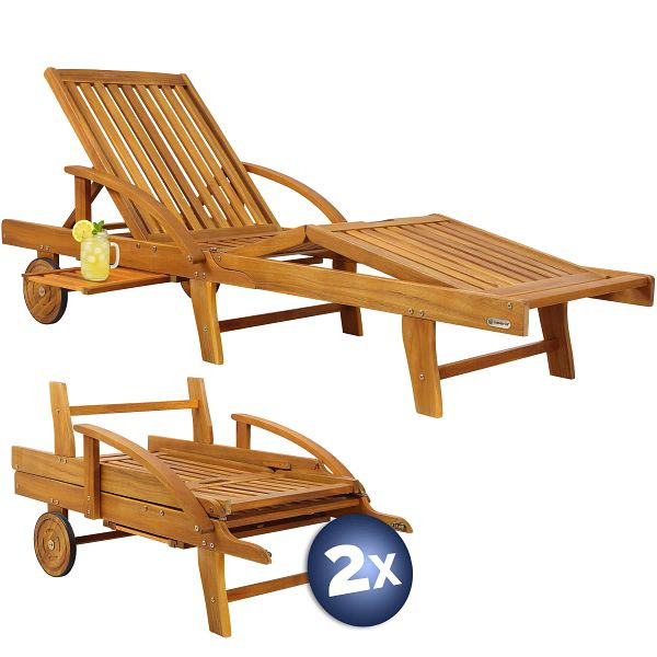 casaria Gartenliege, VE: 2er-Set Akazienholz klappbar mit Ausziehtisch und Rollen, 990205