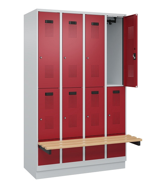 C+P Doppelstock-Spind Evolo PLUS, Bank, 8 Fächer, 1950x1200x815mm, 7035/3003, Zylinderschloss, Sitzfläche Buche-Hartholz, mit Sockel, 049340-40 S10031