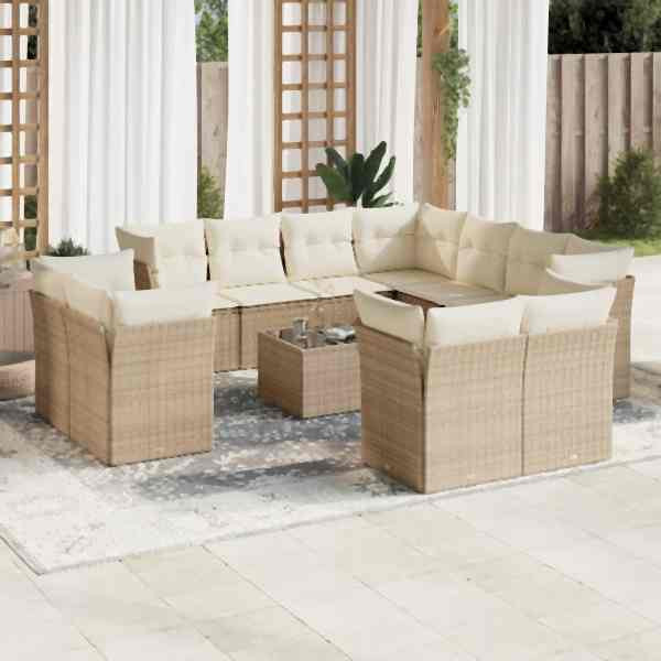 vidaXL 12-tlg. Garten-Sofagarnitur mit Kissen Beige Poly Rattan, UV-beständig, 3250357
