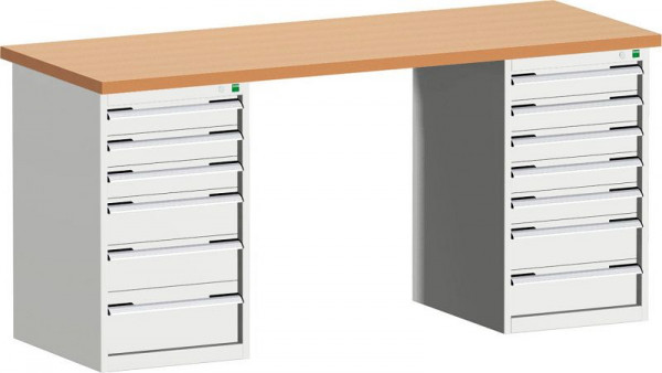 bott cubio Werkbank mit 2 Schubladenschränken 13 Schubladen, Multiplex-Platte BxTxH: 2000 x 750 x 940 mm, Multiplex RAL 7035, 41003517.16V