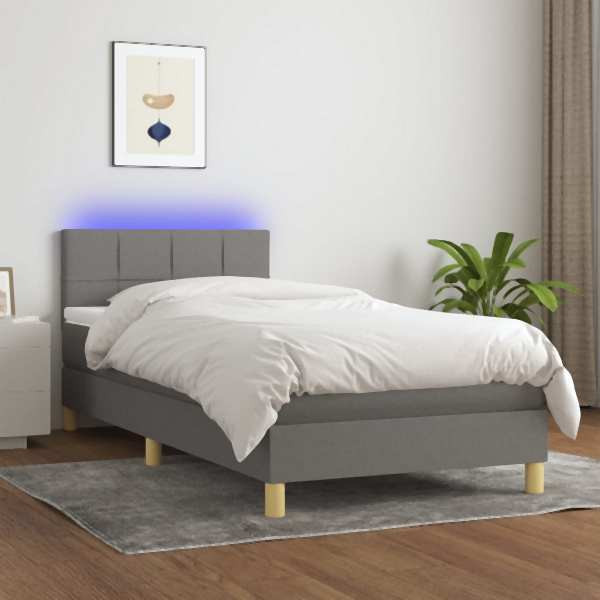 vidaXL Boxspringbett mit Matratze & LED Dunkelgrau 90x200 cm Stoff, 3133686