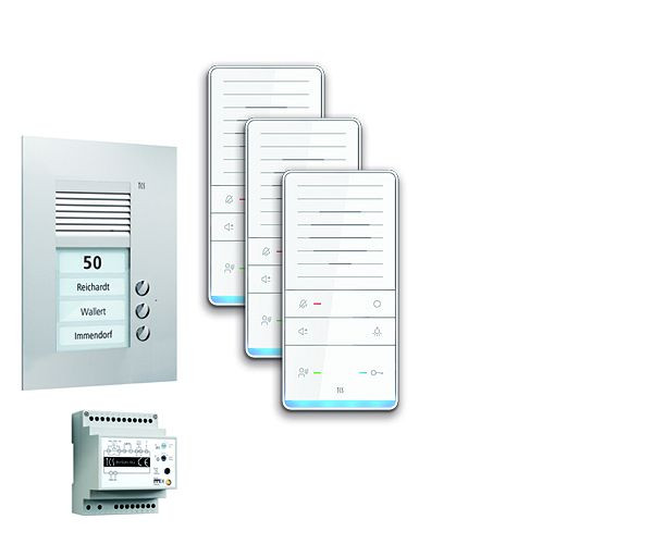 TCS Türkontrollsystem audio:pack UP für 3 Wohneinheiten, mit Außenstation PUK 3 Klingeltasten, 3x Freisprecher ISW5031, Steuergerät BVS20, PAUF031/001
