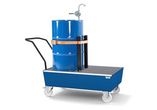 DENIOS Fahrbare Auffangwanne classic-line für 2 Fässer à 200 l, blau lackiert, Zurrgurt, 259770