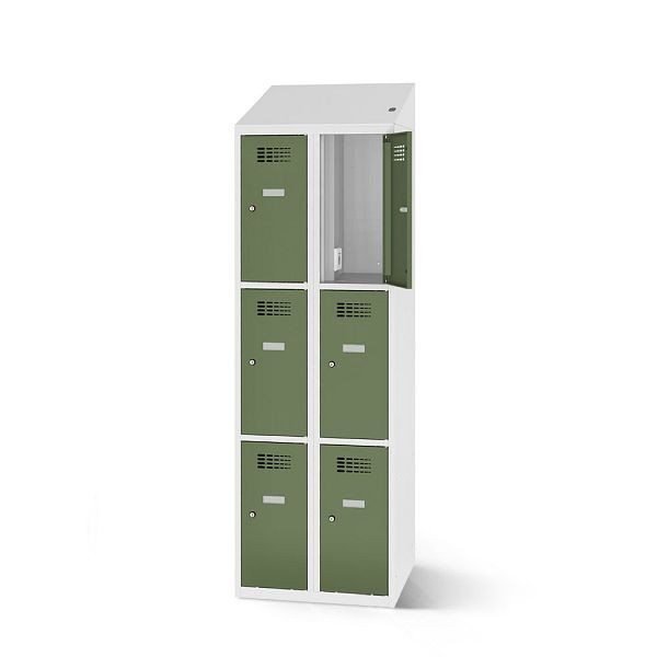 Rotstahl Fächerschrank, 6 Fächer, Stollenfüße, mit Ladefunktion, Schrägdach, Korpus: lichtgrau, Türen: resedagrün, 2180-020300-0802112-7035-6011