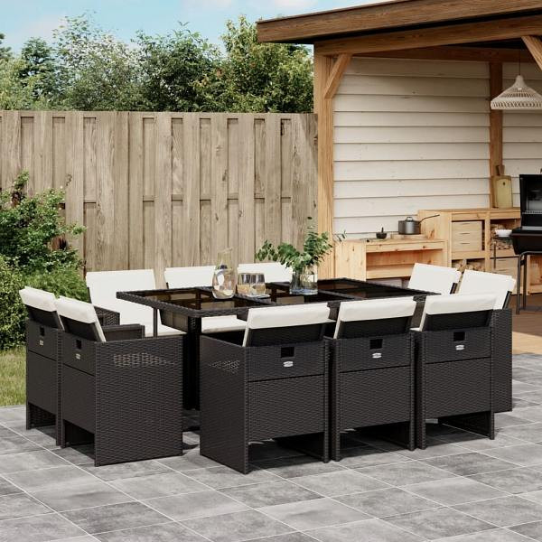 vidaXL 11-tlg. Garten-Essgruppe mit Kissen Schwarz Poly Rattan, UV-beständig, 3277793