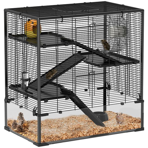PawHut Hamsterkäfig mit Glasboden, 4-stufiges Hamstergehege mit Hütte und Zubehör, 78,5L x 48,5B x 80H cm, D51-442V01BK