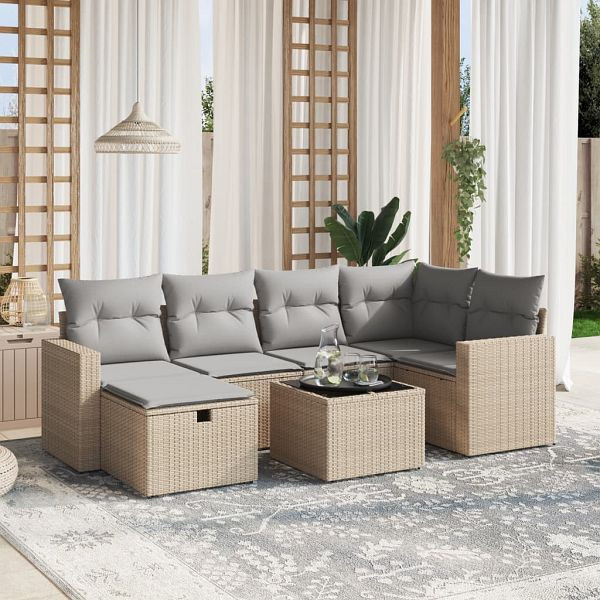 vidaXL 7-teilig Garten-Sofagarnitur mit Kissen Beige Poly Rattan, 3263495