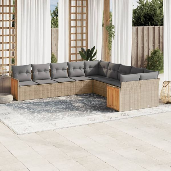 vidaXL 10-teilig Garten-Sofagarnitur mit Kissen Beige Poly Rattan, 3260435