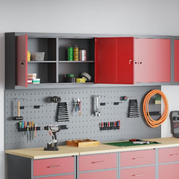 vidaXL 6-teiliges Werkzeugschrank- und Pegboard-Set Wand montiert rotes Metall, 3321403