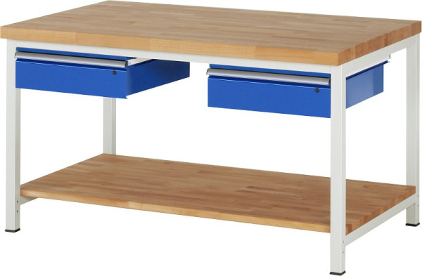 RAU Werkbank Serie 8000 - Gestell-Bauweise (Schweißgestell), 2x Schublade, Buche-Massiv-Ablageboden, 1500x840x900 mm, 03-8002A7-159B4S.11