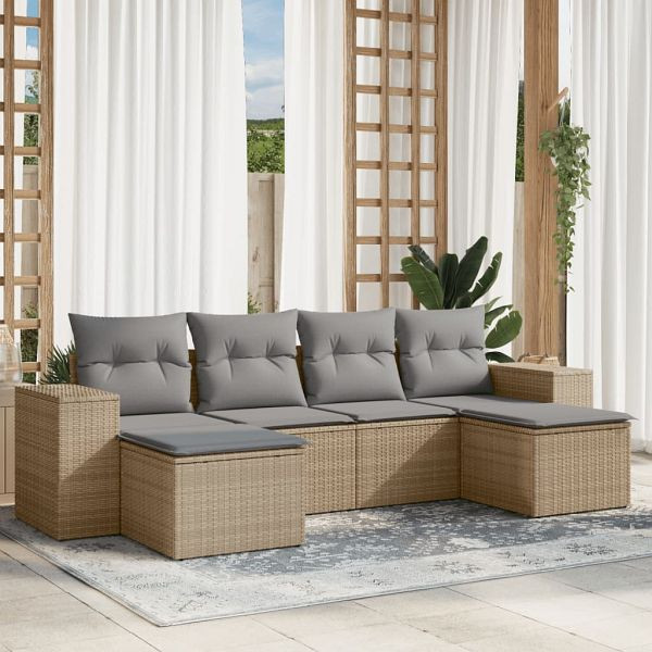 vidaXL 6-teilig Garten-Sofagarnitur mit Kissen Beige Poly Rattan, 3255256