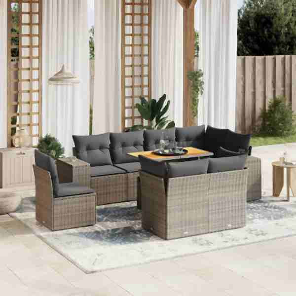 vidaXL 9-tlg. Garten-Sofagarnitur mit Kissen Grau Poly Rattan, UV-beständig, 3272733