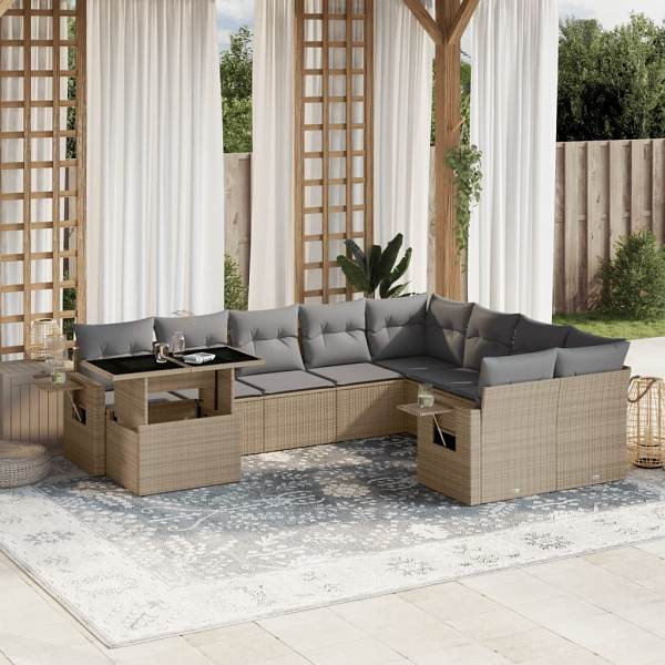 vidaXL 10-tlg. Garten-Sofagarnitur mit Kissen Beige Poly Rattan, UV-beständig, 3268139