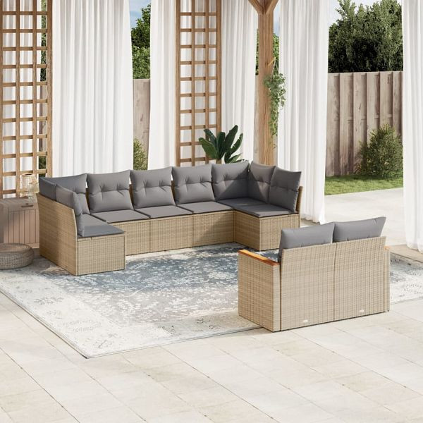 vidaXL 9-teilig Garten-Sofagarnitur mit Kissen Beige Poly Rattan, 3258692