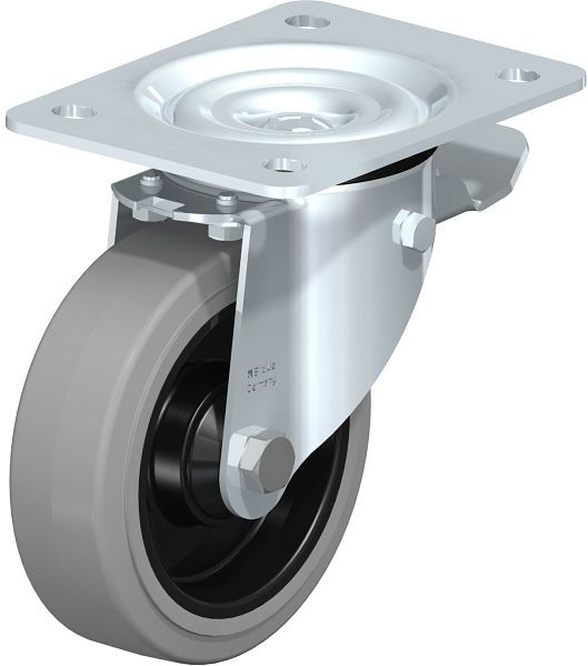 Blickle LK-POEV 125KD-3-ST-SG Stahlblech-Lenkrolle, schwere Ausführung, mit Anschraubplatte & Feststeller, Elastik-Vollgummi, Grau, 851163