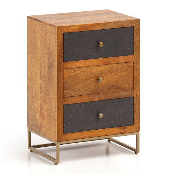 Wohnling Nachttisch Mango Massivholz/Steinoptik 40x60x30 cm Nachtschrank Boxspringbett, Design Nachtkonsole Braun mit 3 Schubladen, WL6.767